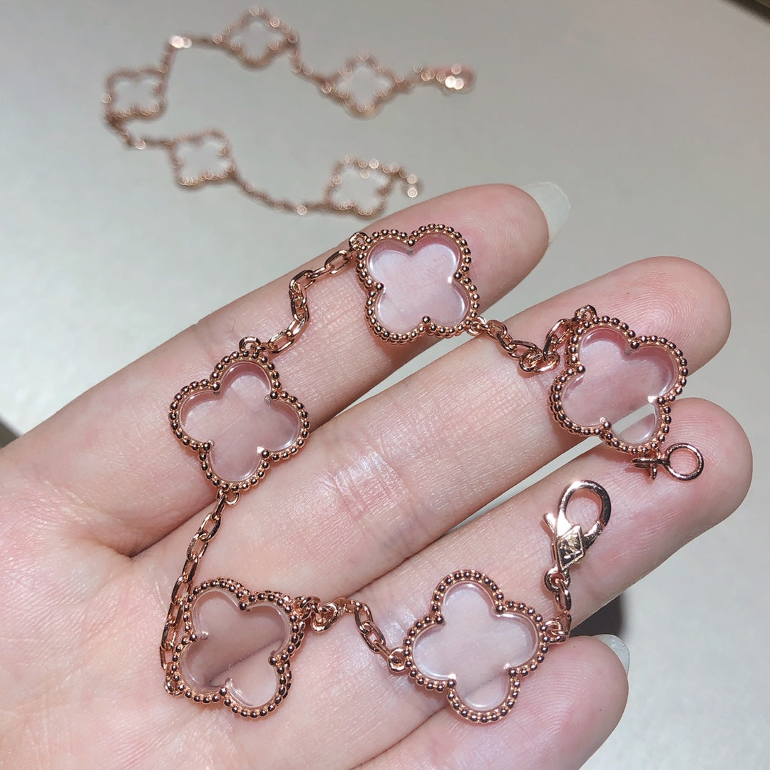 [Valéa jewellery]CLOVER 5 MOTIF ROCK CRYSTAL PINK GOLD BRACELET