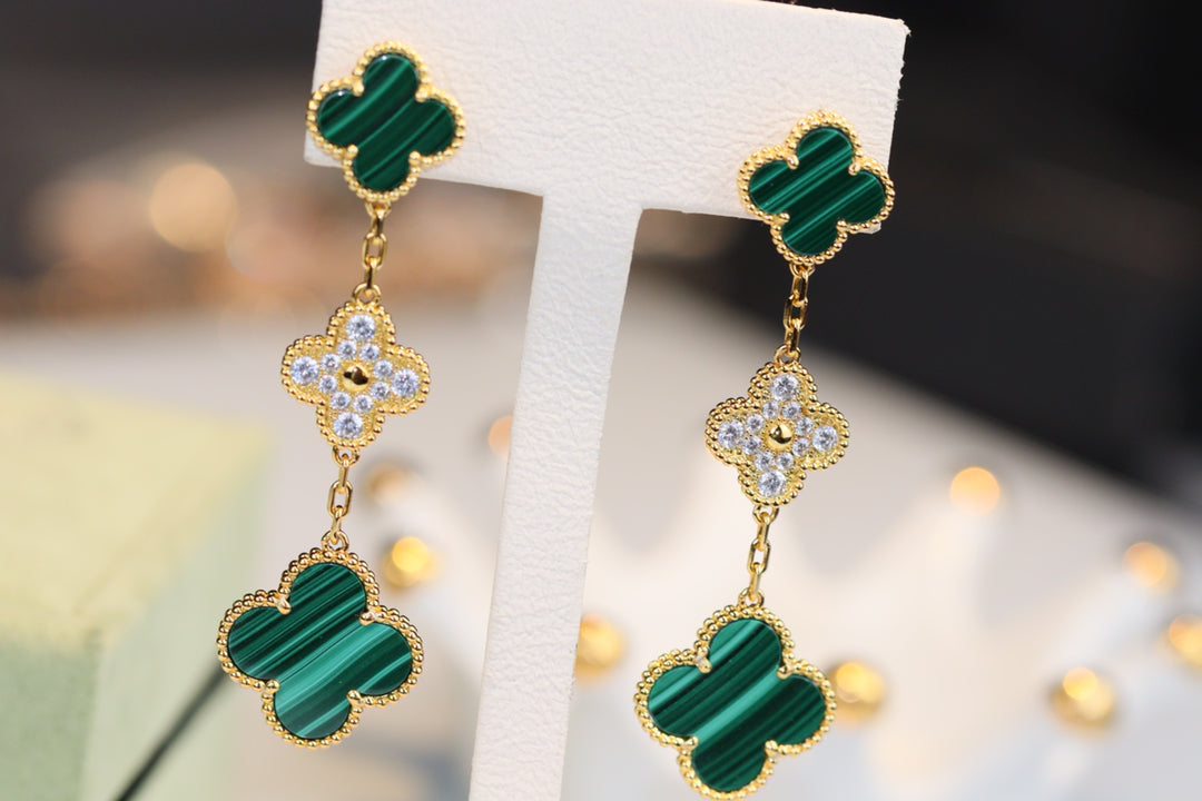 [valéa jewellery]CLOVER EARRINGS GOLD MALACHITE DIAMOND 3 MOTIF