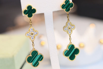 [valéa jewellery]CLOVER EARRINGS GOLD MALACHITE DIAMOND 3 MOTIF