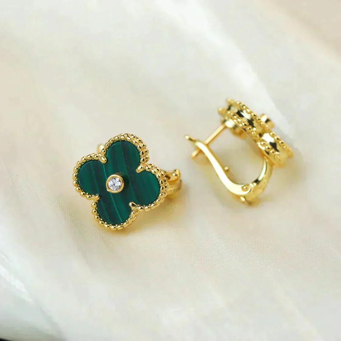 [Valéa jewellery]CLOVER MEDIUM 1 MOTIFS MALACHITE DIAMOND EARRINGS