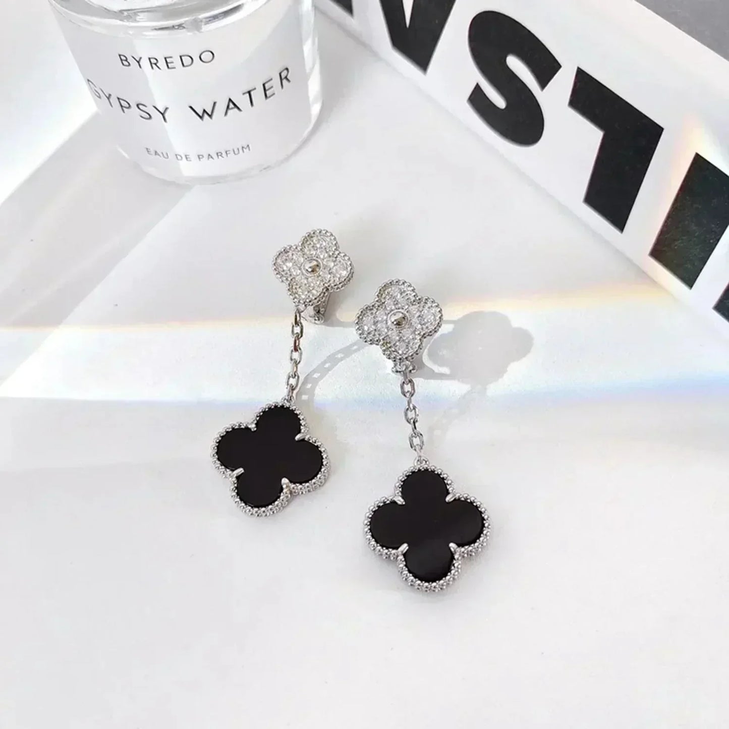 [Valéa jewellery]CLOVER 2 MOTIFS  DIAMOND ONYX EARRINGS SILVER