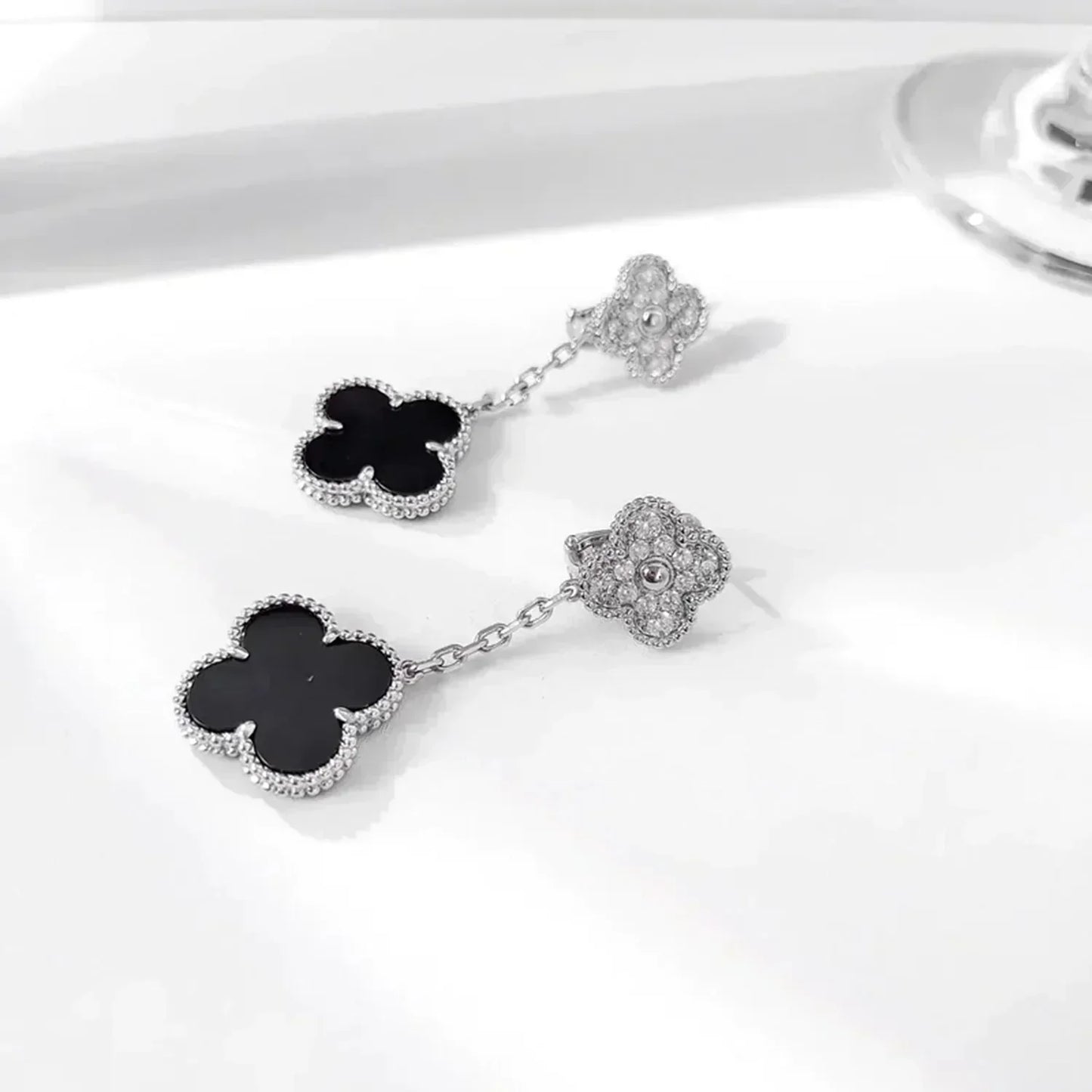 [Valéa jewellery]CLOVER 2 MOTIFS  DIAMOND ONYX EARRINGS SILVER