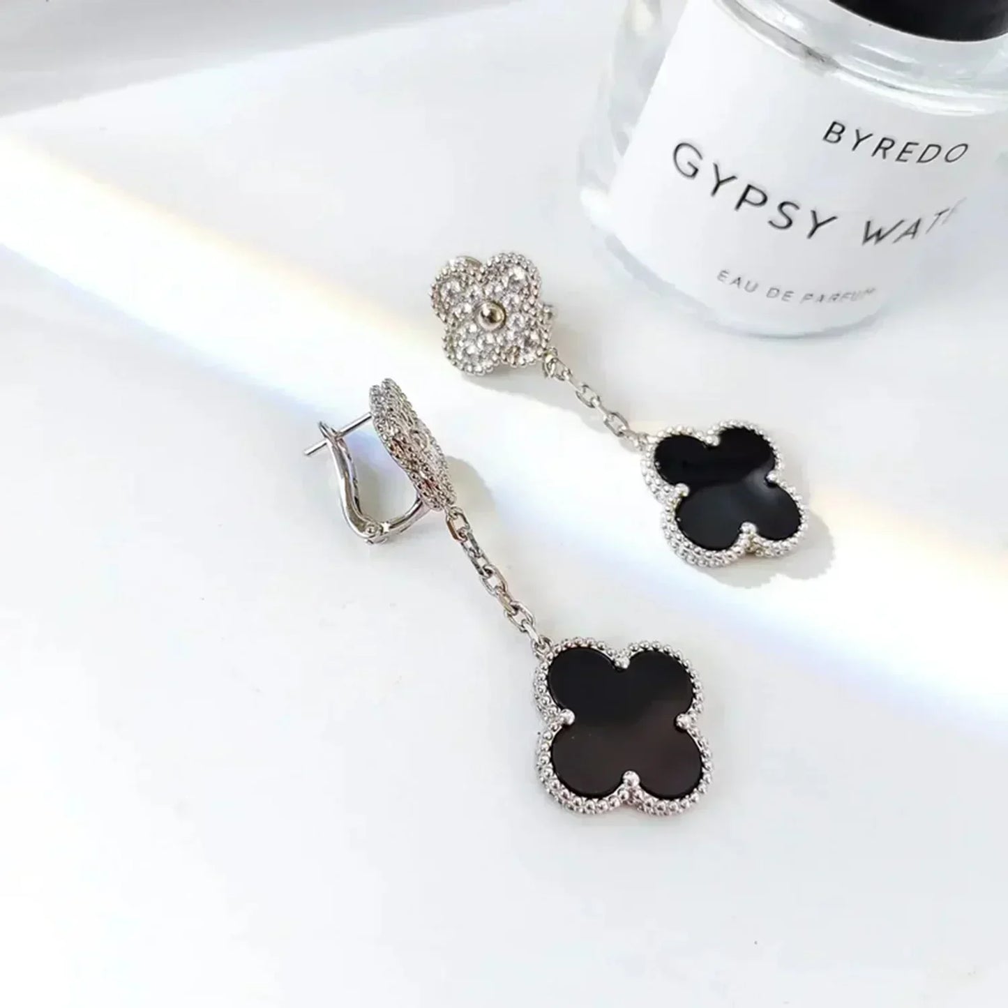 [Valéa jewellery]CLOVER 2 MOTIFS  DIAMOND ONYX EARRINGS SILVER