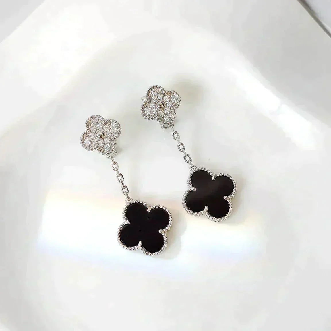 [Valéa jewellery]CLOVER 2 MOTIFS  DIAMOND ONYX EARRINGS SILVER