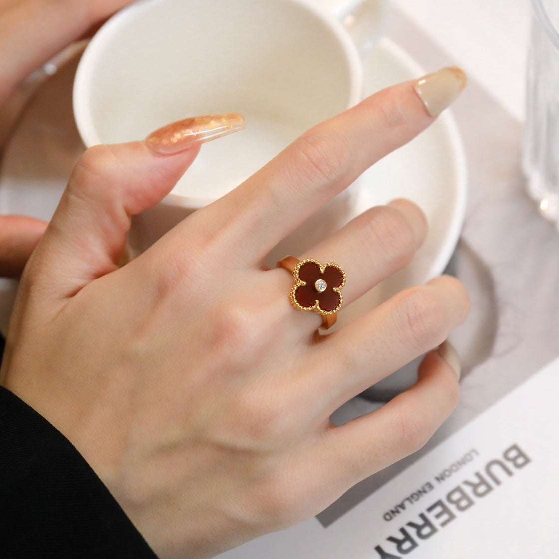 [Valéa jewellery]CLOVER CARNELIAN RING ROSE GOLD DIAMOND