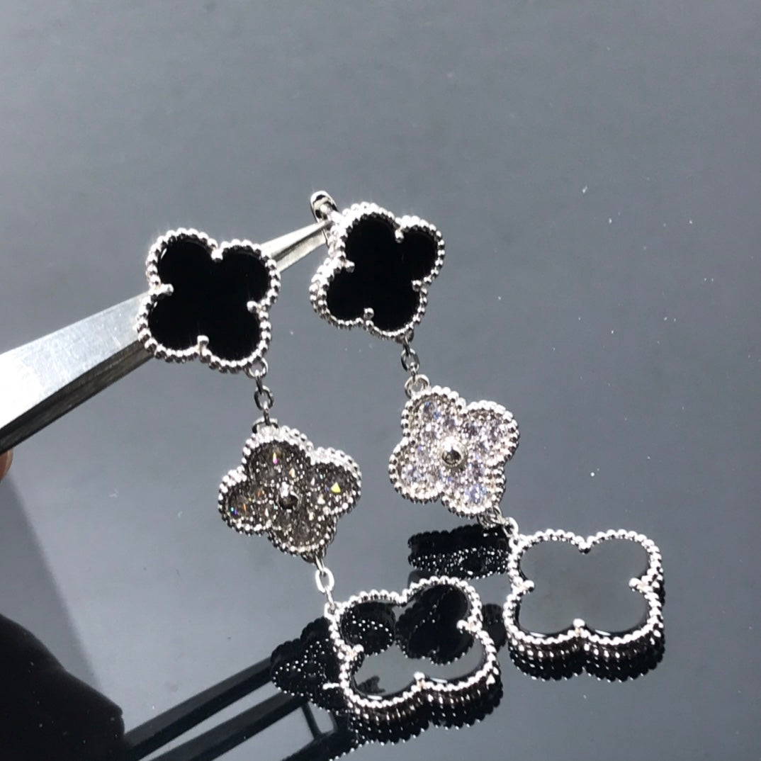 [valéa jewellery]CLOVER 3 MOTIF DIAMOND ONYX SILVER EARRINGS