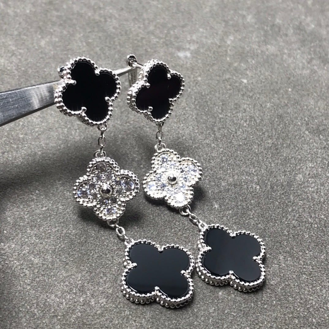 [valéa jewellery]CLOVER 3 MOTIF DIAMOND ONYX SILVER EARRINGS