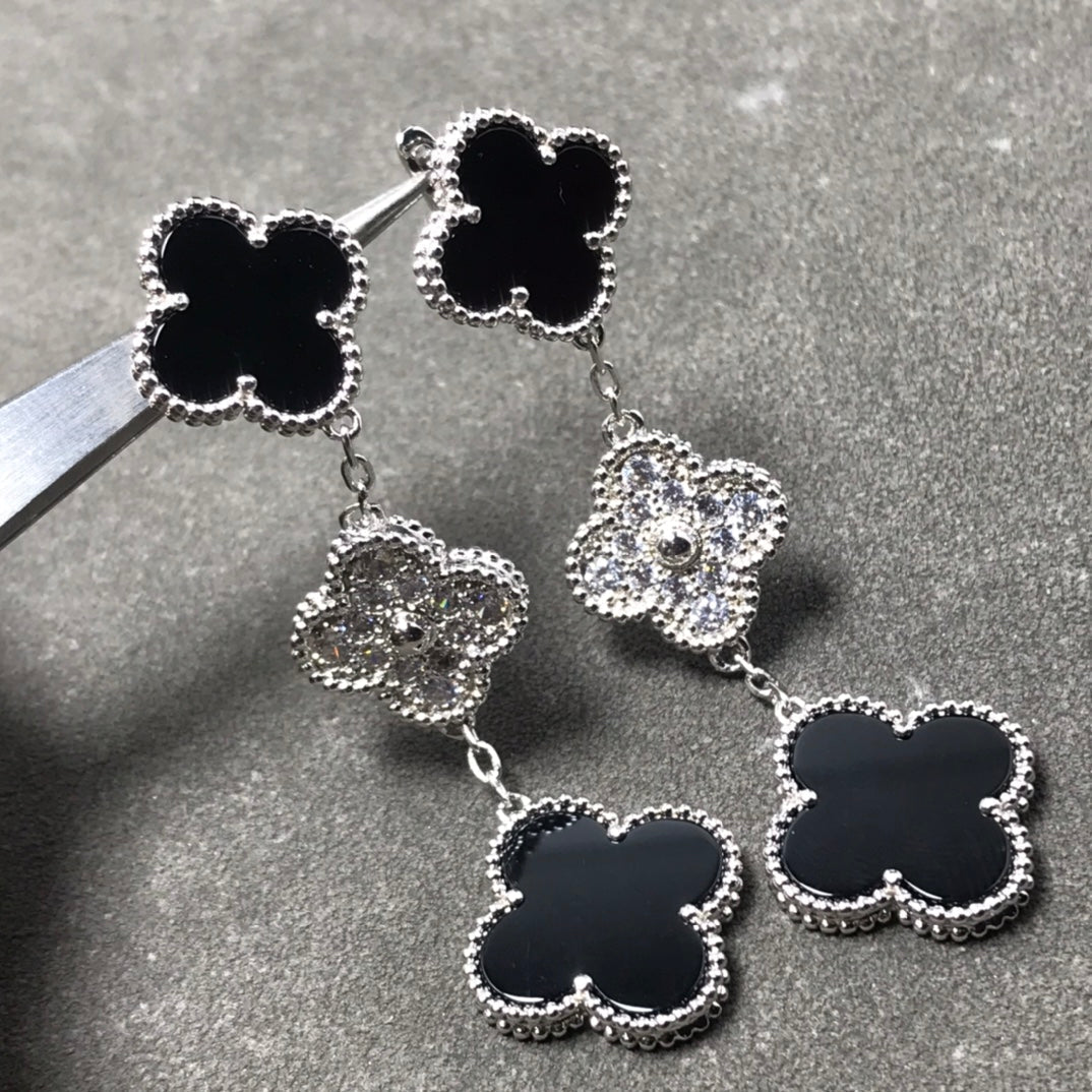 [valéa jewellery]CLOVER 3 MOTIF DIAMOND ONYX SILVER EARRINGS