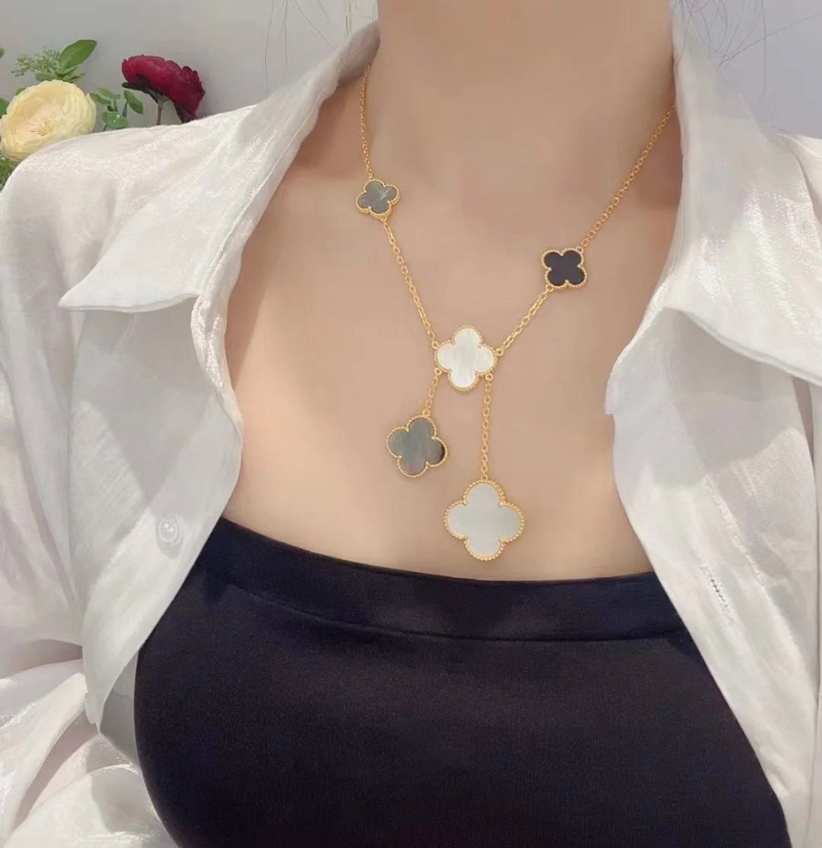 [Valéa jewellery]CLOVER 6 MOTIF MOP ONYX GOLD NECKLACE