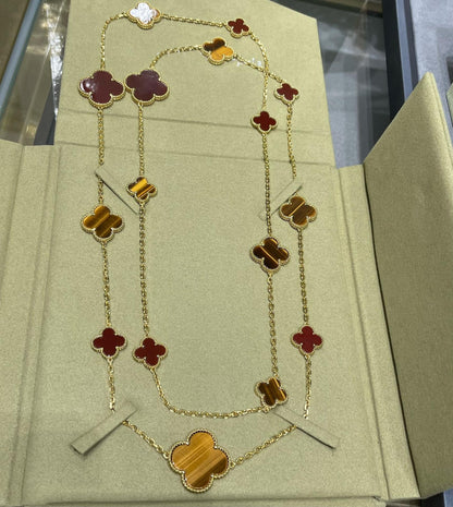 CLOVER 16 MOTIF CARNELIAN TIGER EYE ROSE GOLD NECKLACE