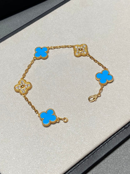 [Valéa jewellery]CLOVER 5 MOTIF BLUE CHALCEDONY DIAMOND GOLD BRACELET