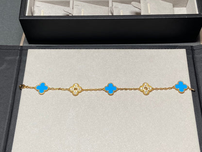 [Valéa jewellery]CLOVER 5 MOTIF BLUE CHALCEDONY DIAMOND GOLD BRACELET