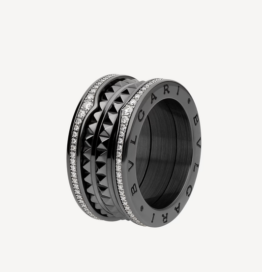 [valéa jewellery]ZERO 1 ROCK FOUR-BAND BLACK CERAMIC WITH STUDDED SPIRAL AND PAVED DIAMONDS RING