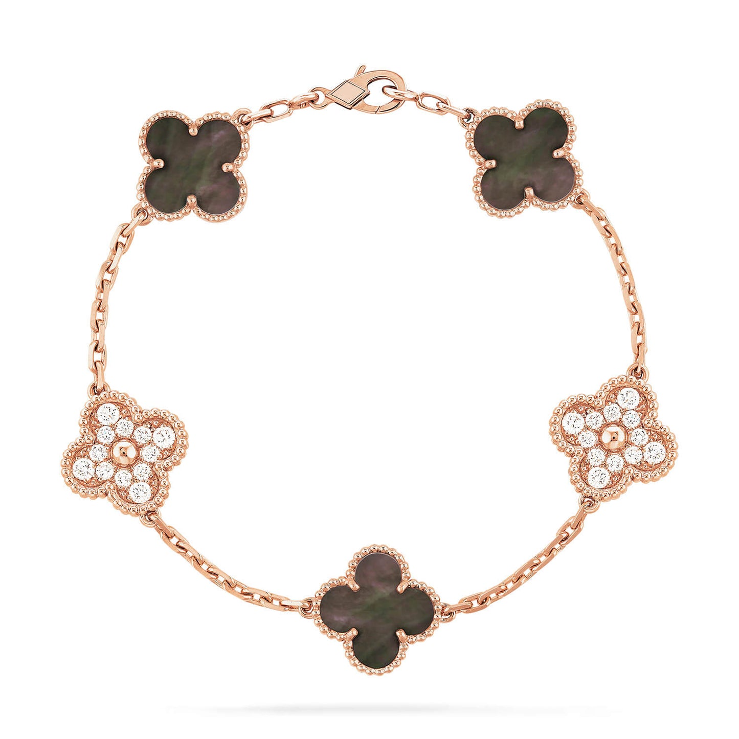 [Valéa jewellery]CLOVER 5 MOTIFS DARK MOP AND DIAMONDS PINK GOLD BRACELET