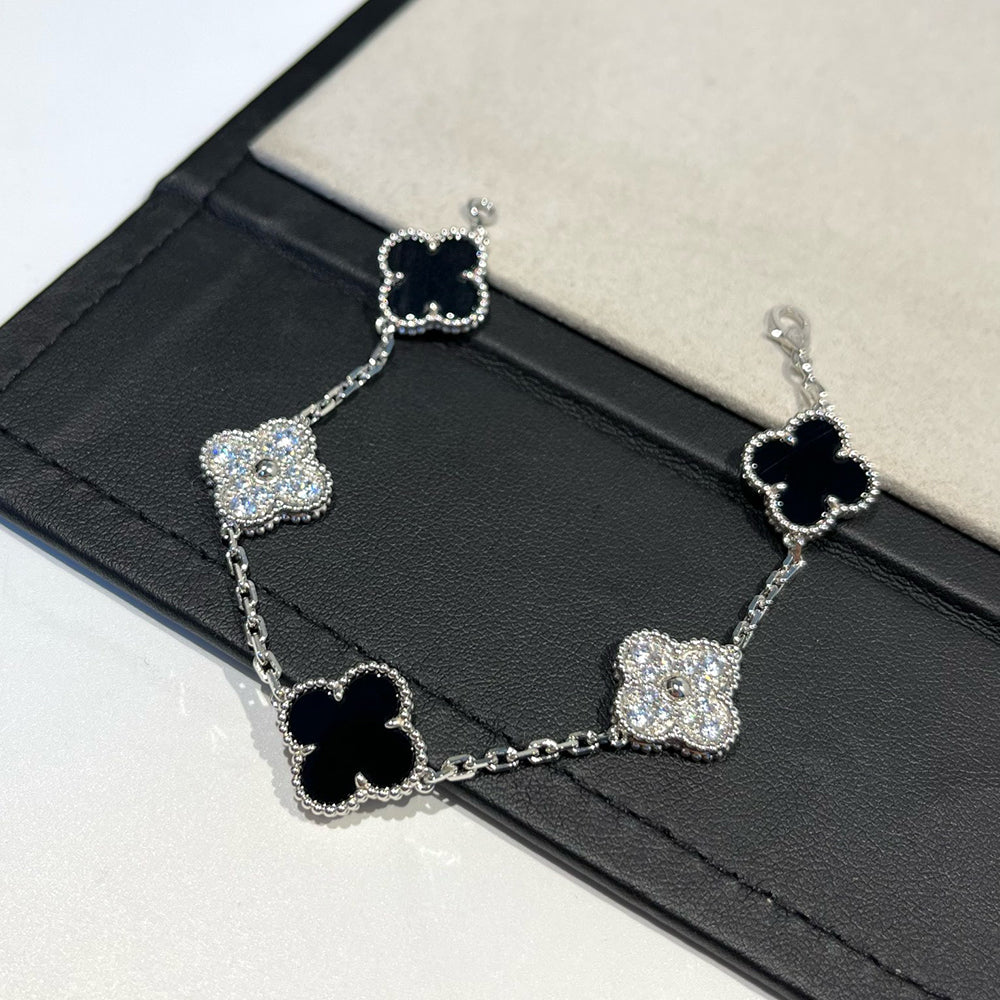 [Valéa jewellery]CLOVER 5 MOTIF ONYXS DIAMOND BRACELET SILVER