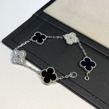 [Valéa jewellery]CLOVER 5 MOTIF ONYXS DIAMOND BRACELET SILVER