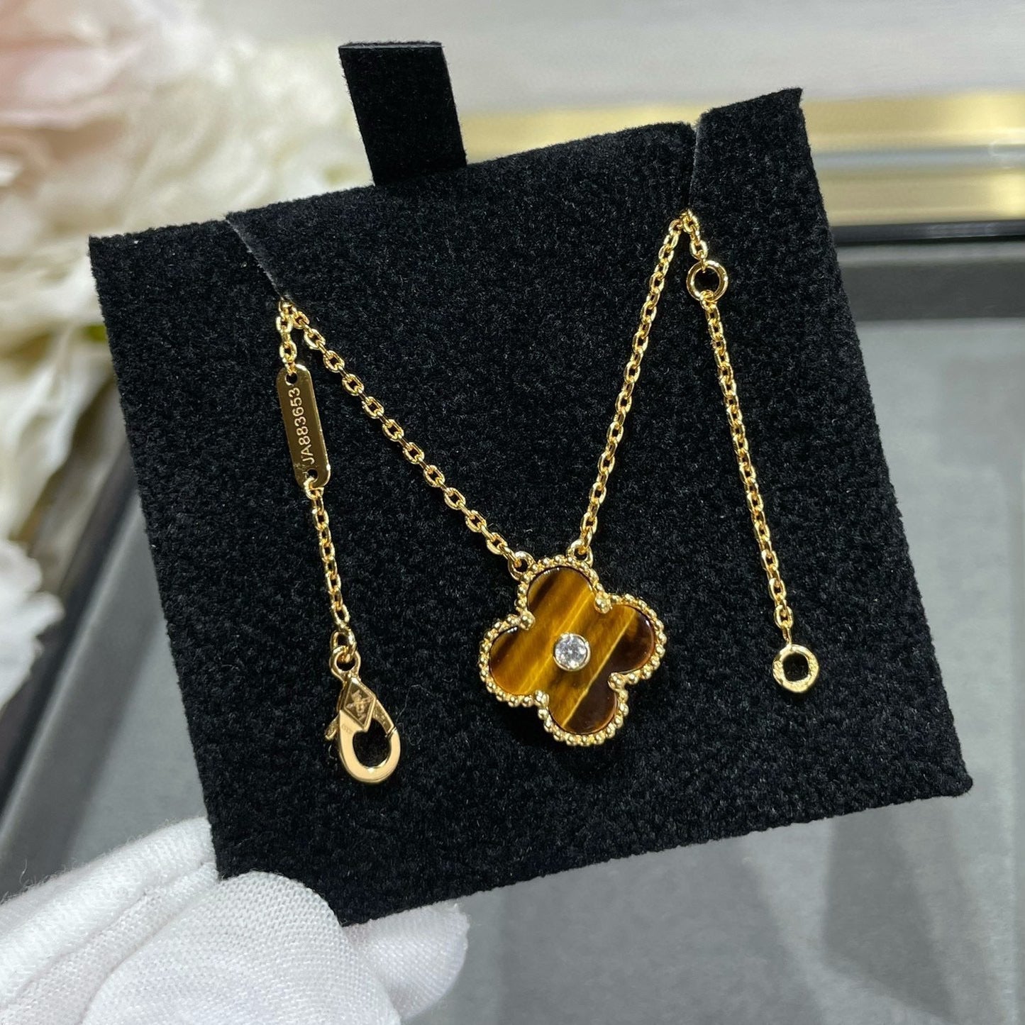 [Valéa jewellery]CLOVER 15MM DIAMOND AND YELLOW TIGER'S EYE AGATE necklace