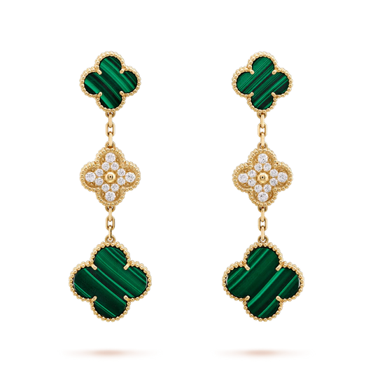 [valéa jewellery]CLOVER EARRINGS GOLD MALACHITE DIAMOND 3 MOTIF