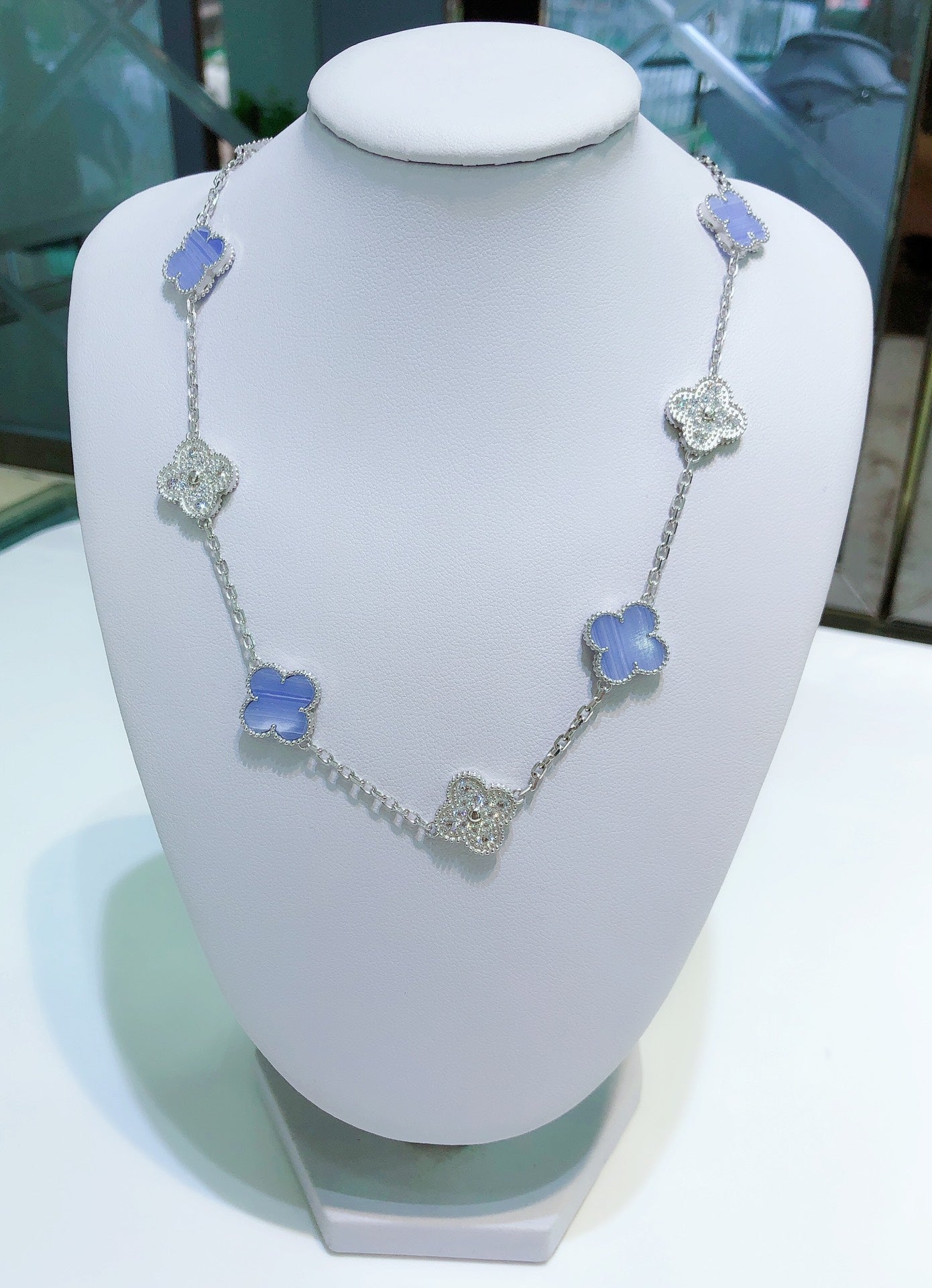 [Valéa jewellery]CLOVER 10 MOTIFS CHALCEDONY DIAMONDS SILVER NECKLACE