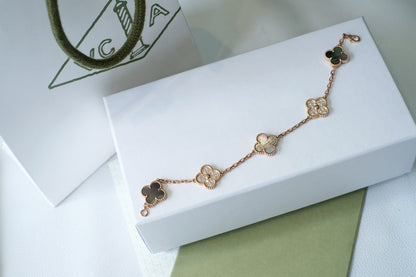 [Valéa jewellery]CLOVER 5 MOTIFS DARK MOP AND DIAMONDS PINK GOLD BRACELET