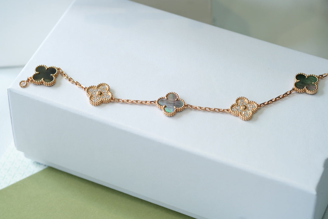 [Valéa jewellery]CLOVER 5 MOTIFS DARK MOP AND DIAMONDS PINK GOLD BRACELET