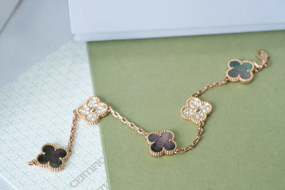 [Valéa jewellery]CLOVER 5 MOTIFS DARK MOP AND DIAMONDS PINK GOLD BRACELET