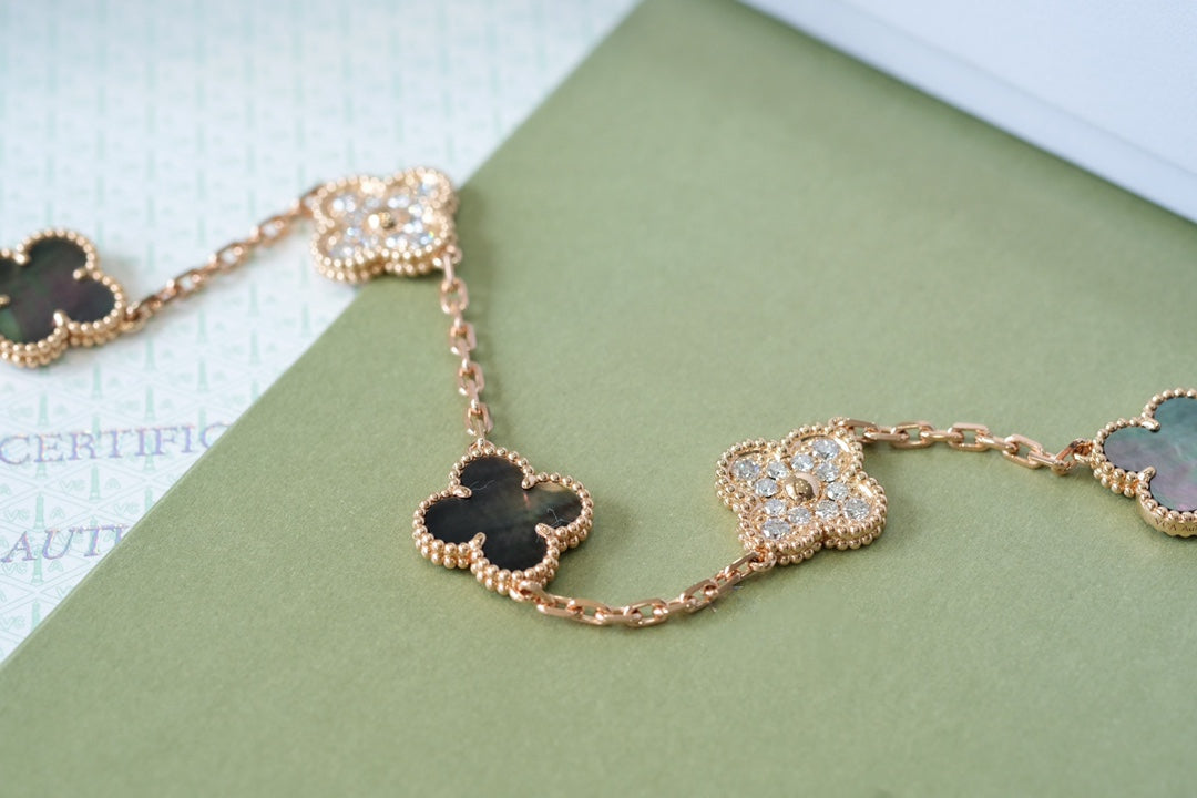 [Valéa jewellery]CLOVER 5 MOTIFS DARK MOP AND DIAMONDS PINK GOLD BRACELET